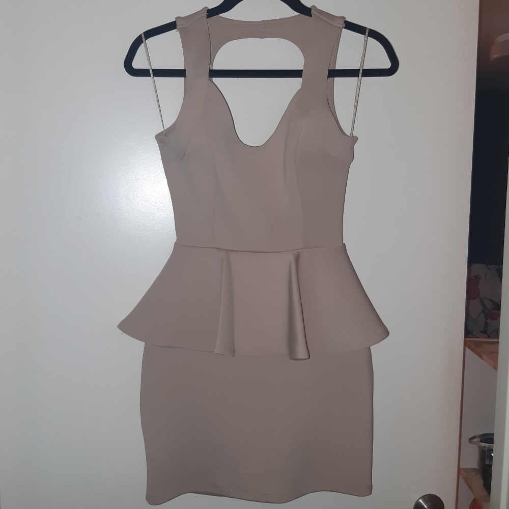 Ivory Poly Spandex Peplum Dress Backless Cross